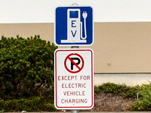 EV symbol sign and no parking sign at a DC quick charging station
